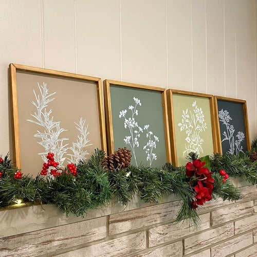 Set 4 Quadri Botanici con Cornici in Noce – Arte Botanica per Soggiorno e Camera
