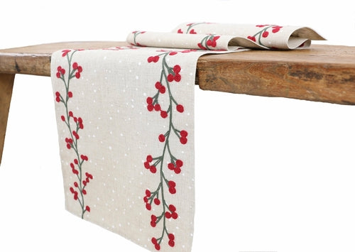 Tovaglia Natalizia Holly Berry con Agrifoglio – Table Runner Ricamato su Lino